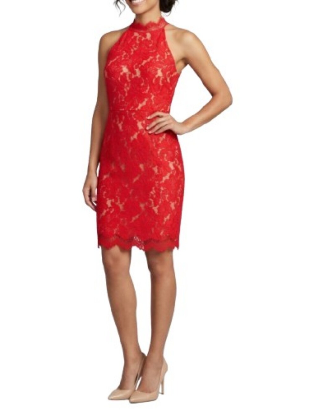 Sans Souci Red Lace Cocktail Dress NWT Mockneck Halter Sheer Open Back